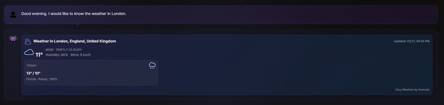 Gloy Weather showing weather in London with current conditions and today's forecast